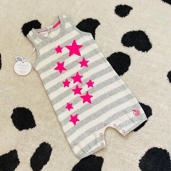 NWT Bonnie Baby $63 Girl 6-12 Months Star Pink Gray Stripe Playsuit Bodysuit